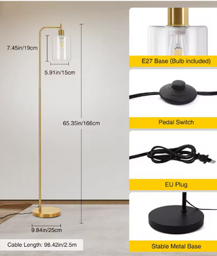 Moderne Industriële Vloerlamp – Dimbaar met Glazen Kap & Afstandsbediening