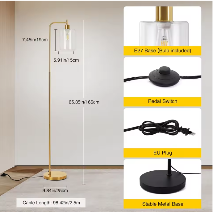 Moderne Industriële Vloerlamp – Dimbaar met Glazen Kap & Afstandsbediening