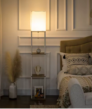 Moderne Houten Vloerlamp met 3 Planken – Stoffen Kap & E27 Fitting