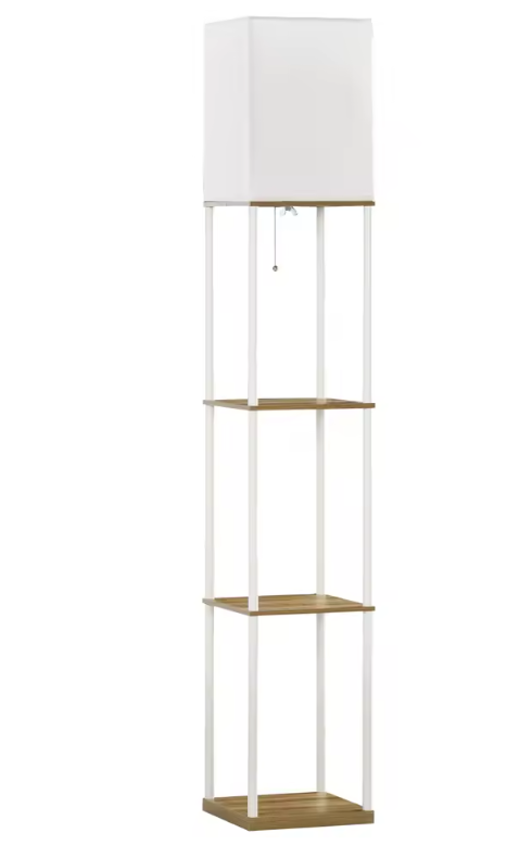 Moderne Houten Vloerlamp met 3 Planken – Stoffen Kap & E27 Fitting
