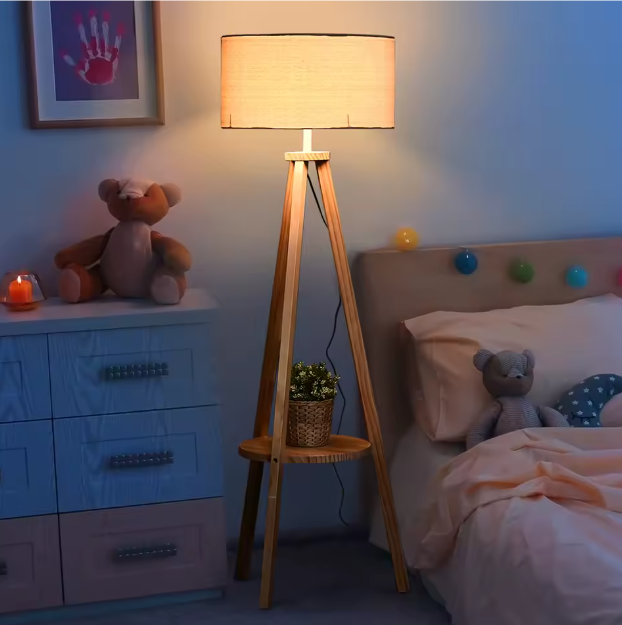 Houten Vloerlamp met Stoffen Kap & Trípode Basis – Modern Ontwerp 154 cm