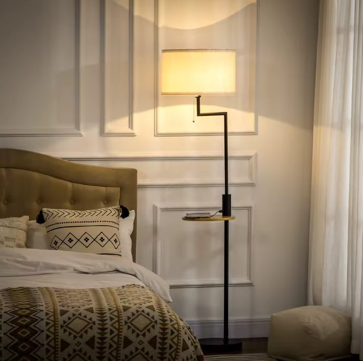 Vloerlamp met Tafel & USB – Linnen Lampenkap Ø40x168 cm