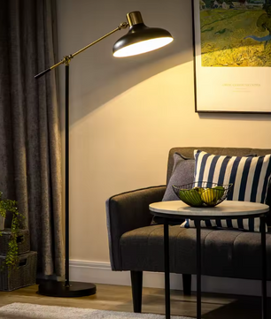 Industriële Vloerlamp – Verstelbaar in Hoogte & Roteerbare Lampkop, Zwart Metaal