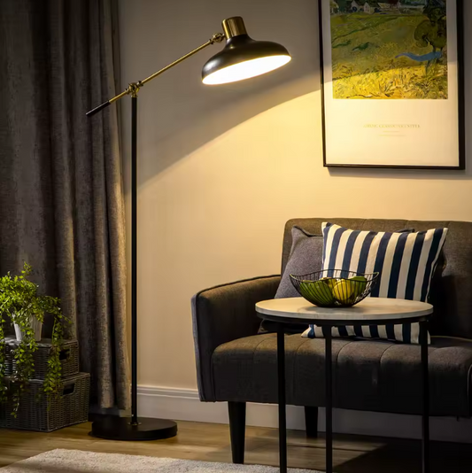 Industriële Vloerlamp – Verstelbaar in Hoogte & Roteerbare Lampkop, Zwart Metaal
