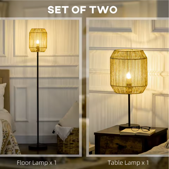 Set van 2 Lampen – Vloerlamp & Tafellamp met Linnen Lampenkap, Modern Design