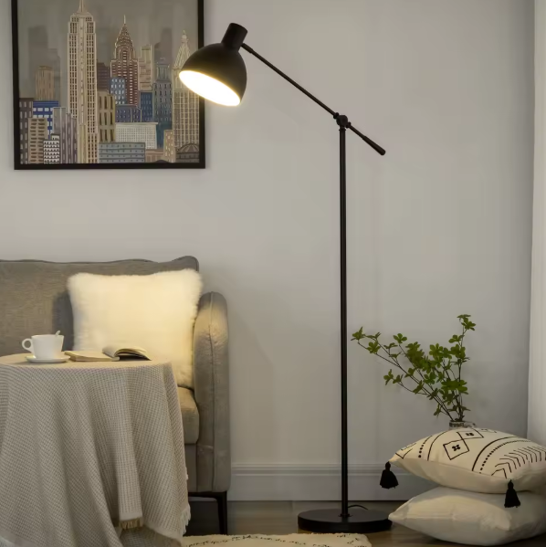 Industriële Vloerlamp – In Hoogte Verstelbaar met Balance-Arm, Zwart Metaal