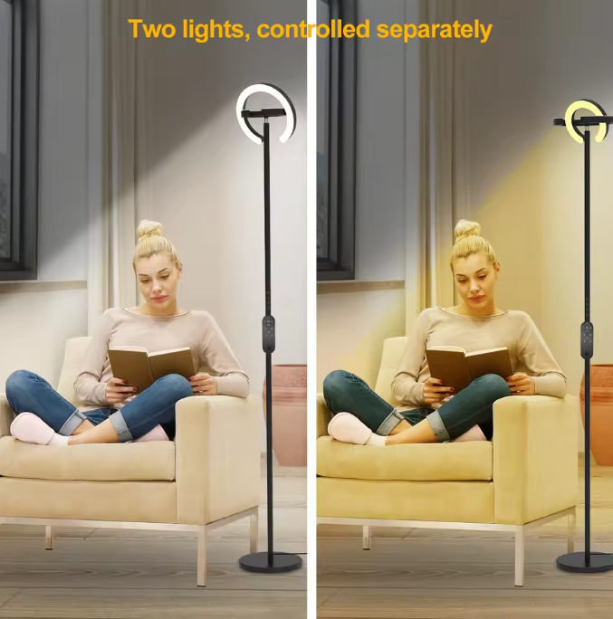 Moderne LED Vloerlamp – 1,9 m Staande Lamp met 2 Draaibare Ringen & Traploos Dimmen