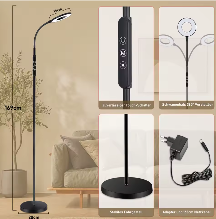 Multifunctionele Dimbare LED Vloerlamp – 360° Verstelbaar, 1800K-6000K, Nachtlamp & Geheugenfunctie