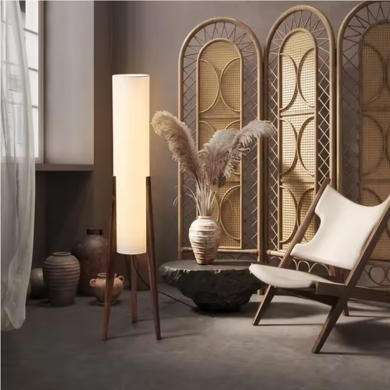 Japanse Retro Wabi-sabi Vloerlamp – Massief Hout & Stoffen Kap, Decoratief en Sfeervol