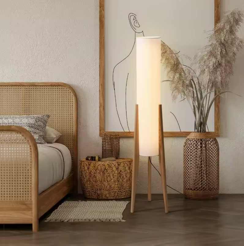 Japanse Retro Wabi-sabi Vloerlamp – Massief Hout & Stoffen Kap, Decoratief en Sfeervol
