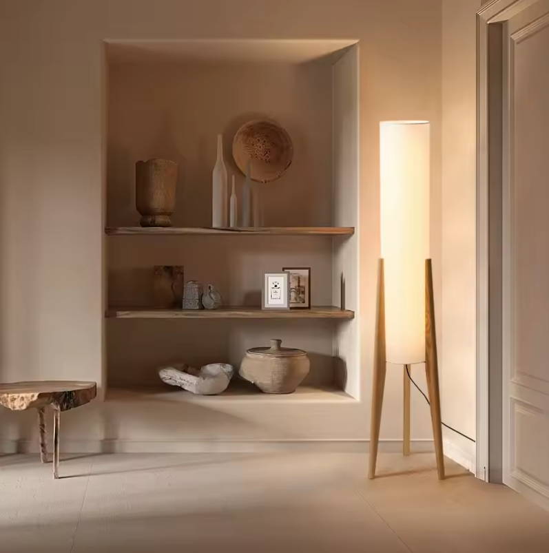 Japanse Retro Wabi-sabi Vloerlamp – Massief Hout & Stoffen Kap, Decoratief en Sfeervol