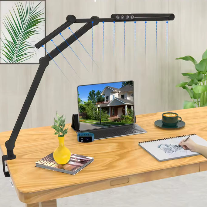 LED Bureaulamp met Klem – 24W Ultraheldere Tafellamp met 7 Gewrichten, Automatisch Dimmen & Sfeerverlichting