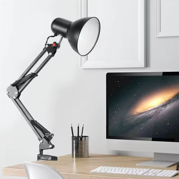 Flexibele Bureaulamp met Zwenkarm & Tafelklem – E27/E26 Fitting, Metaal, Zwart