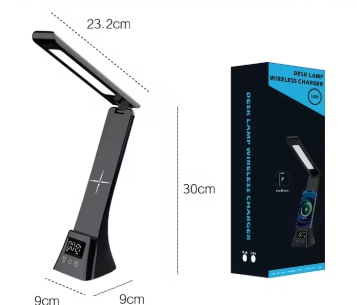 Multifunctionele LED Bureaulamp – Dimbaar, Draadloze Oplader & Digitale Klok