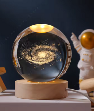 Kristallen 3D Bol Nachtlamp – LED, USB-Voeding & Houten Basis