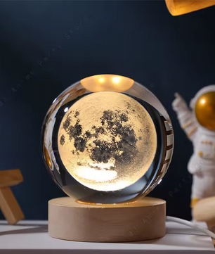 Kristallen 3D Bol Nachtlamp – LED, USB-Voeding & Houten Basis