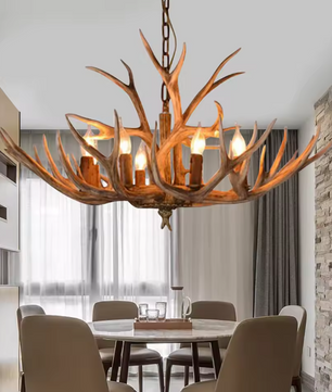 Vintage Gewei Kroonluchter – Retro LED Plafondlamp met 6 Lichten