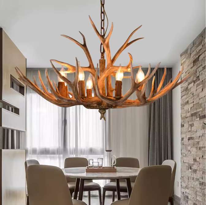 Vintage Gewei Kroonluchter – Retro LED Plafondlamp met 6 Lichten