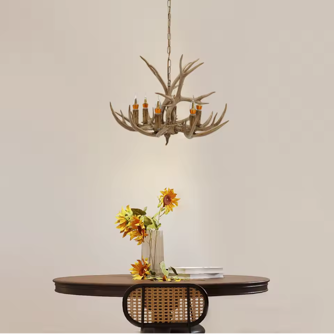 Vintage Gewei Kroonluchter – Retro LED Plafondlamp met 6 Lichten