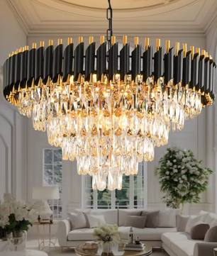 Moderne Kristallen Kroonluchter – 6-Laags Ronde Hanglamp Zwart & Goud