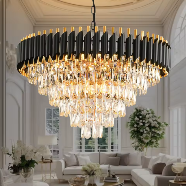 Moderne Kristallen Kroonluchter – 6-Laags Ronde Hanglamp Zwart & Goud