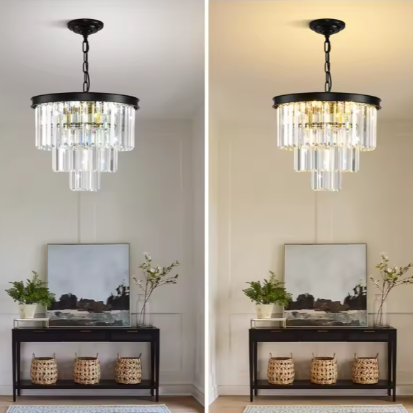 Moderne Zwarte Kristallen Kroonluchter – 3-Laags Ronde Hanglamp