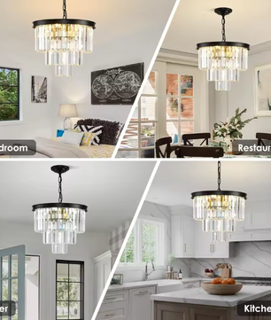 Moderne Zwarte Kristallen Kroonluchter – 3-Laags Ronde Hanglamp