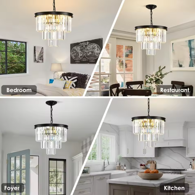 Moderne Zwarte Kristallen Kroonluchter – 3-Laags Ronde Hanglamp
