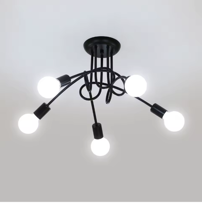 Moderne Zwarte Spoetnik Kroonluchter – 5-lichts Plafondlamp voor Woonkamer, Slaapkamer & Eetkamer