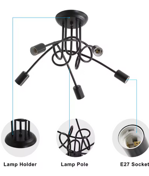 Moderne Zwarte Spoetnik Kroonluchter – 5-lichts Plafondlamp voor Woonkamer, Slaapkamer & Eetkamer