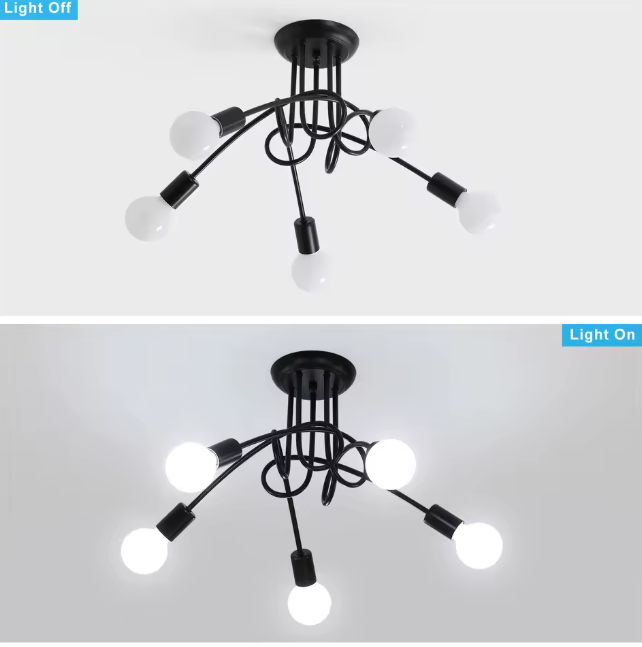 Moderne Zwarte Spoetnik Kroonluchter – 5-lichts Plafondlamp voor Woonkamer, Slaapkamer & Eetkamer