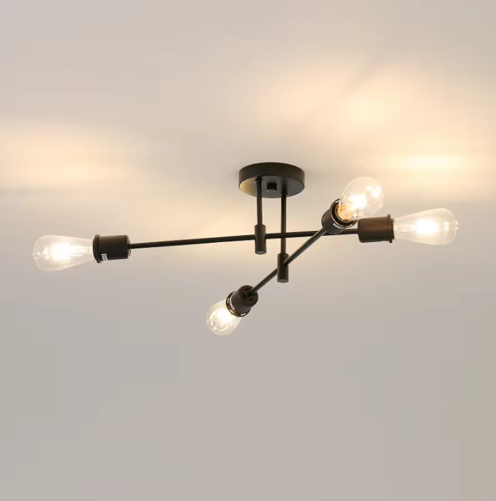 Vintage Zwarte Plafondlamp – Retro 4-lichts Kroonluchter met E27 Fitting