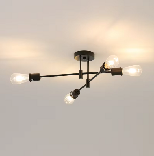 Vintage Zwarte Plafondlamp – Retro 4-lichts Kroonluchter met E27 Fitting