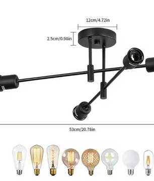 Vintage Zwarte Plafondlamp – Retro 4-lichts Kroonluchter met E27 Fitting
