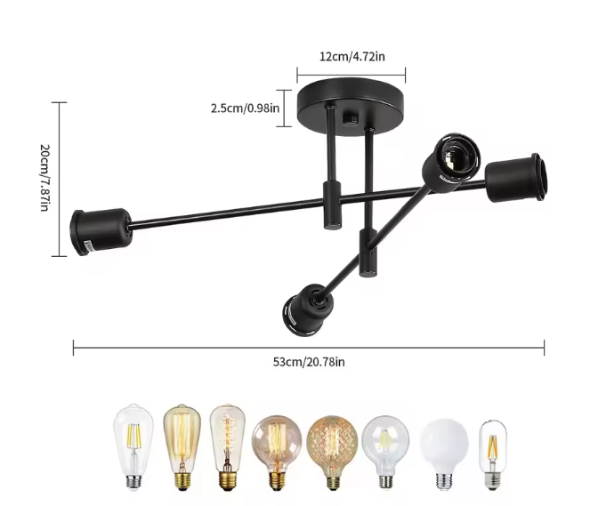 Vintage Zwarte Plafondlamp – Retro 4-lichts Kroonluchter met E27 Fitting