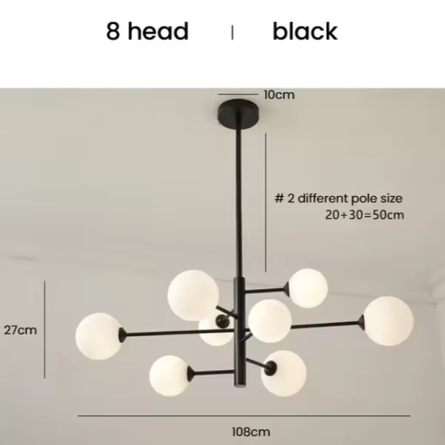 Moderne Glazen Bal Kroonluchter – Zwart Goud LED Plafondlamp