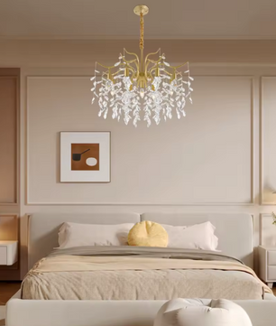 Moderne Gouden Kristallen Kroonluchter – 9-lichts Plafondlamp met Takontwerp