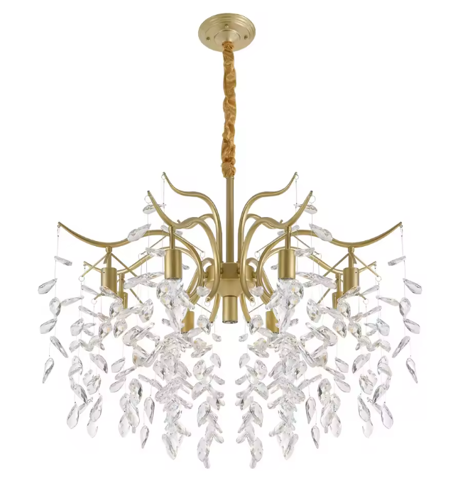 Moderne Gouden Kristallen Kroonluchter – 9-lichts Plafondlamp met Takontwerp