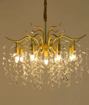 Moderne Gouden Kristallen Kroonluchter – 9-lichts Plafondlamp met Takontwerp