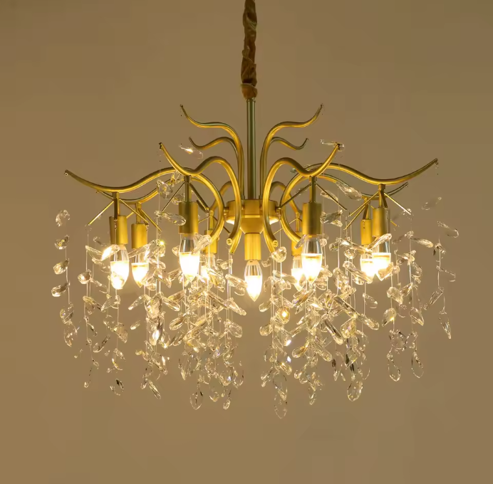 Moderne Gouden Kristallen Kroonluchter – 9-lichts Plafondlamp met Takontwerp