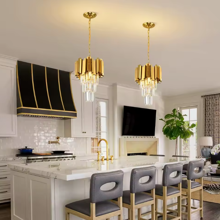 Gouden Kristallen Hanglamp – Moderne 3-lichts Plafondlamp voor Eetkamer & Keuken
