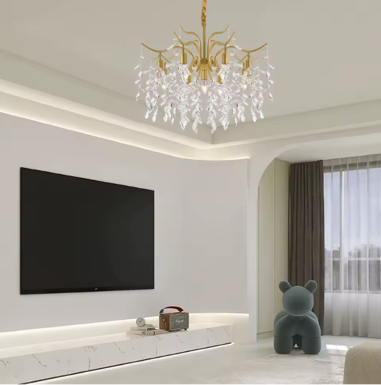 Moderne Gouden Kristallen Kroonluchter – Luxe Plafondlamp met Takontwerp