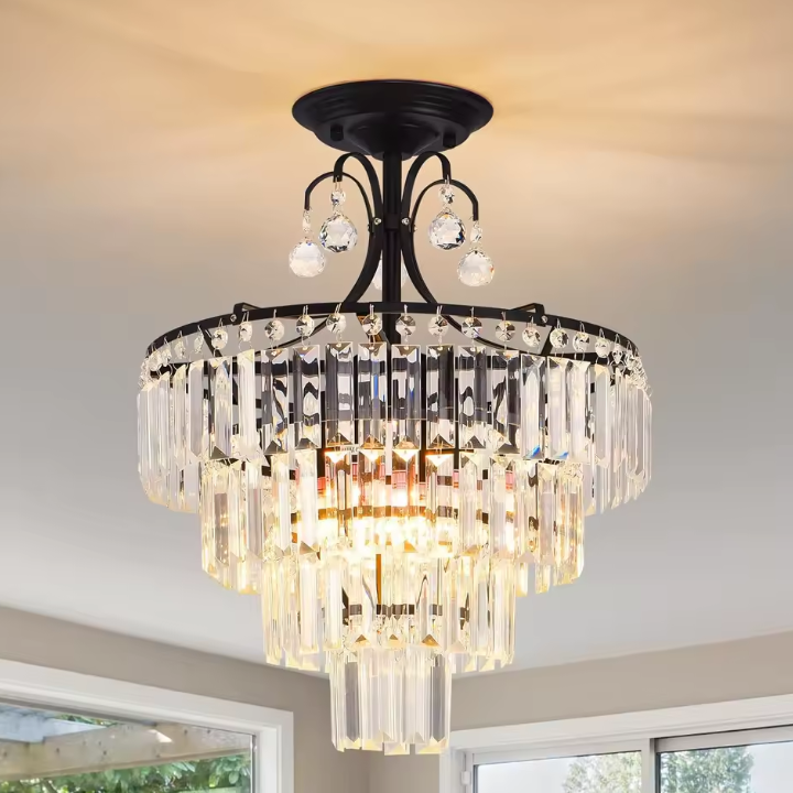 Kristallen Ronde Kroonluchter – Antiek Modern Zwart, Semi-Inbouw & Dimbaar