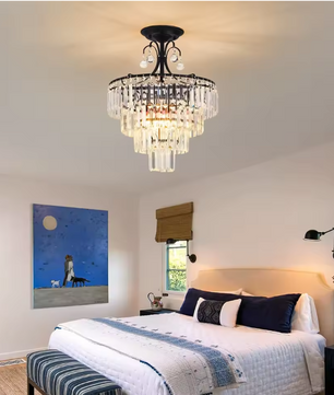 Kristallen Ronde Kroonluchter – Antiek Modern Zwart, Semi-Inbouw & Dimbaar