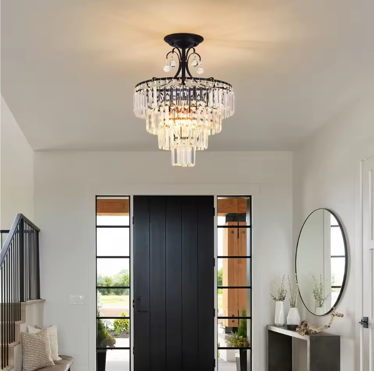Kristallen Ronde Kroonluchter – Antiek Modern Zwart, Semi-Inbouw & Dimbaar
