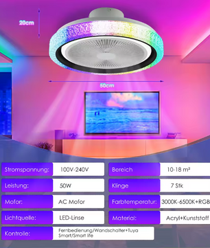 50W Bluetooth LED Plafondventilator met RGB Licht & Muziekfunctie – Dimbaar met Afstandsbediening