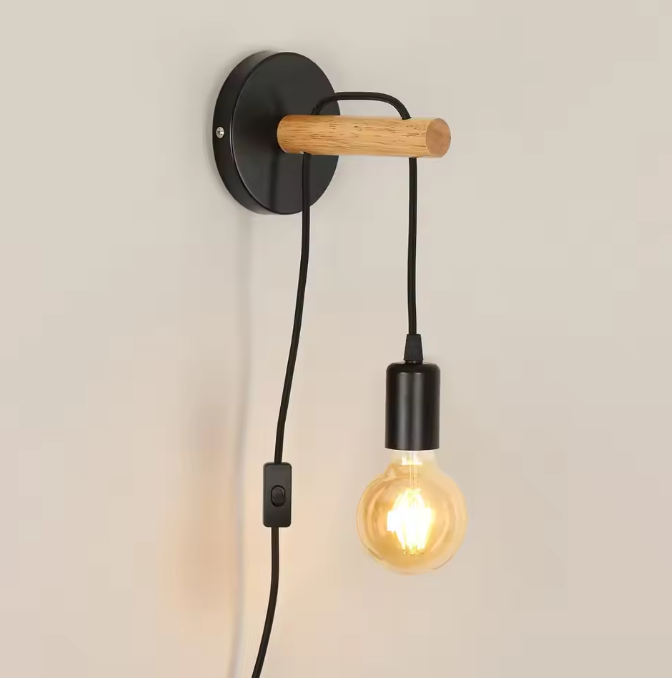 Vintage Industriële Wandlamp – Houten Design met Schakelaar & Stekker, E27 Fitting