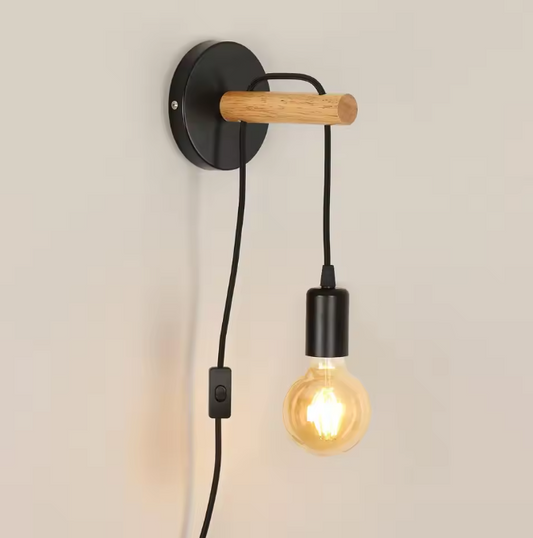 Vintage Industriële Wandlamp – Houten Design met Schakelaar & Stekker, E27 Fitting