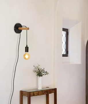 Vintage Industriële Wandlamp – Houten Design met Schakelaar & Stekker, E27 Fitting