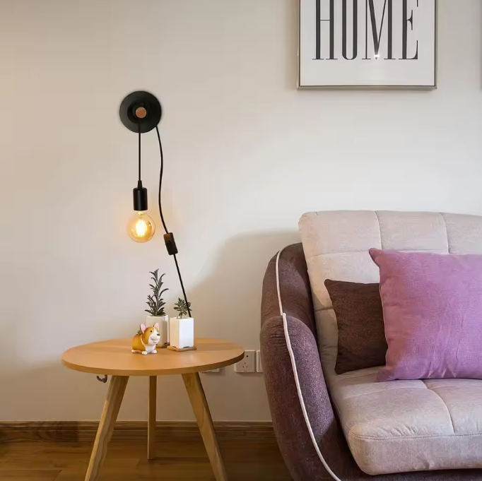 Vintage Industriële Wandlamp – Houten Design met Schakelaar & Stekker, E27 Fitting